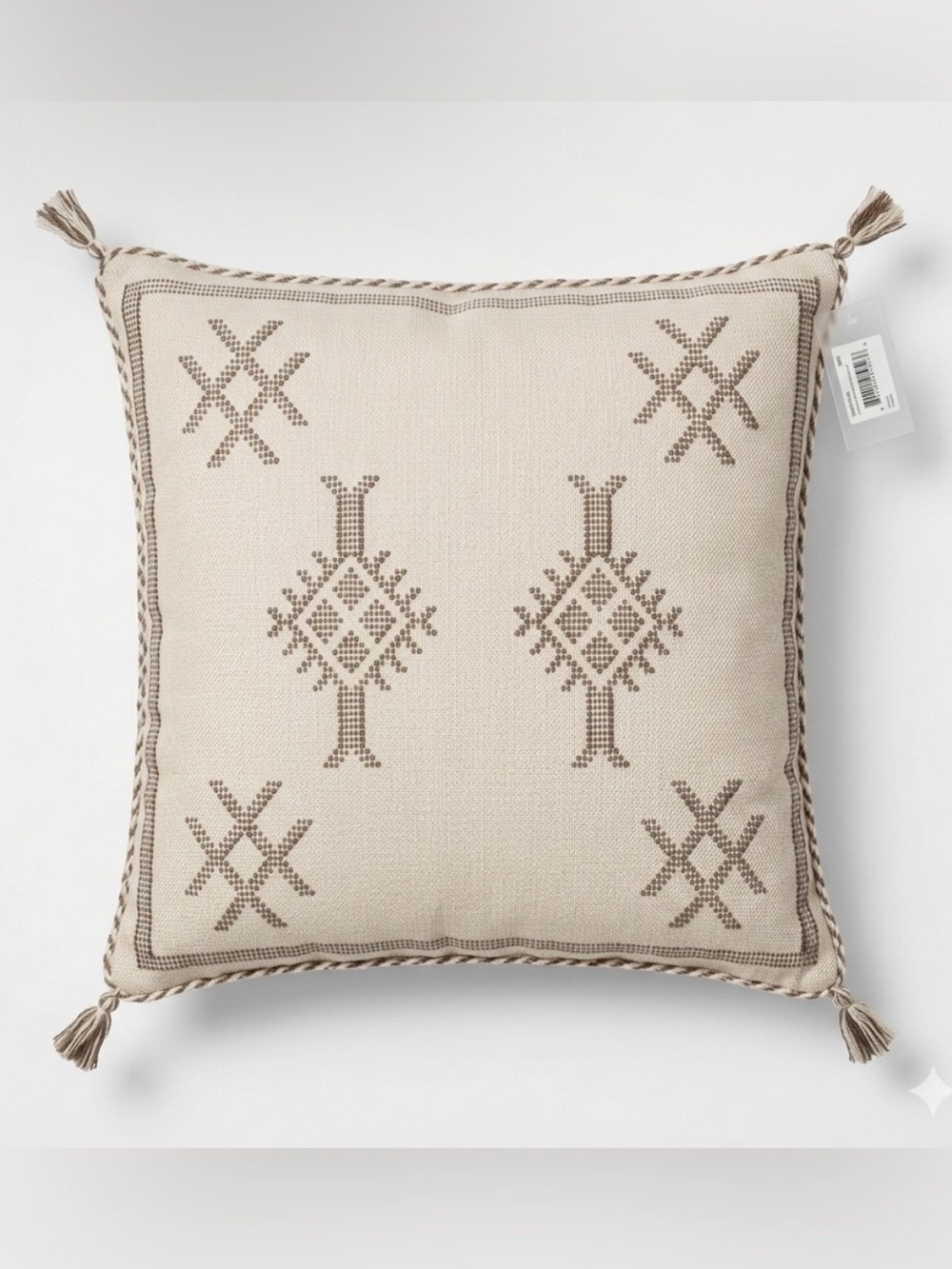 Four Hands 20x20 Sabra Throw Pillow Khaki Geometric Stitch Tassels New